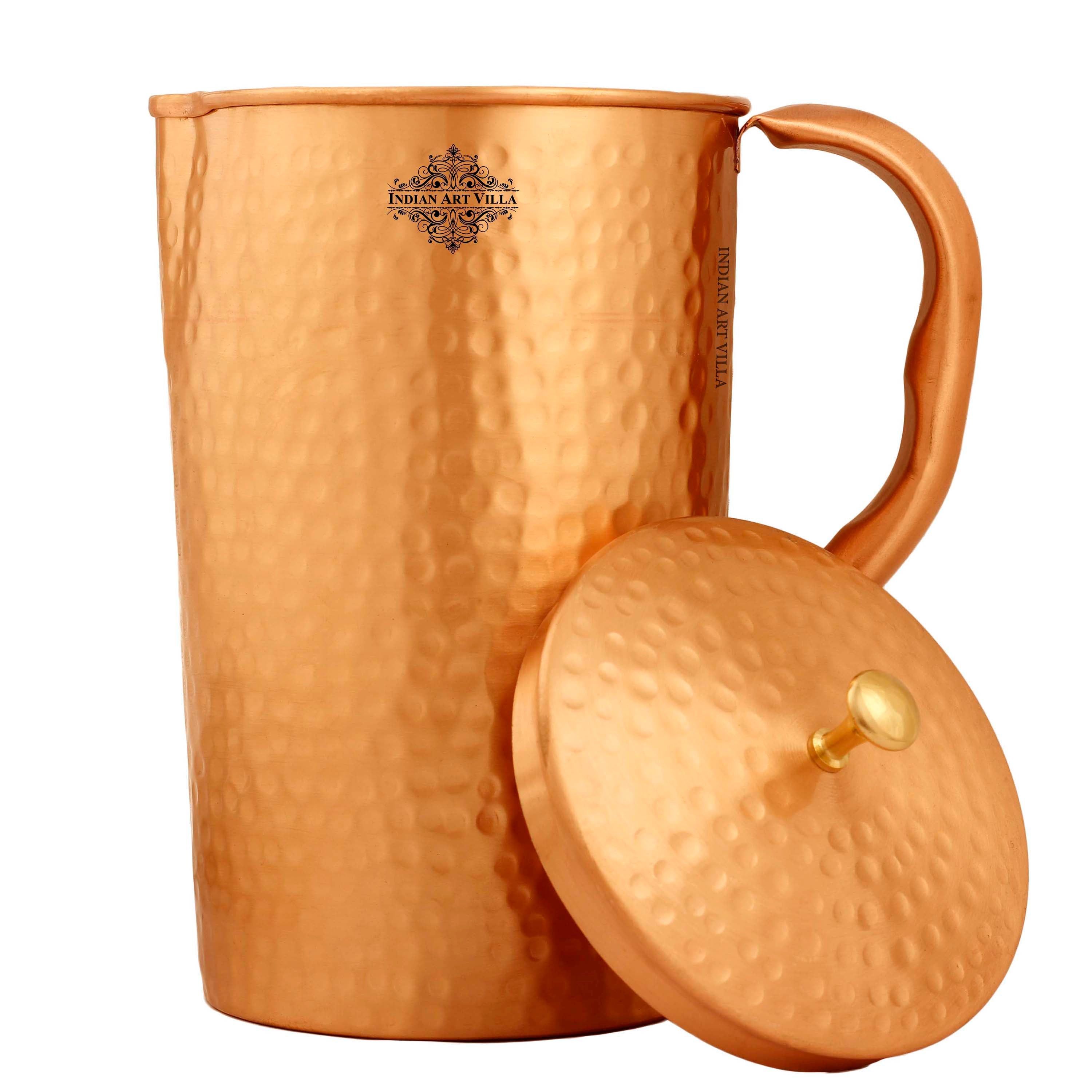Pure copper matt hammered jug with brass knob on lid, 1500 ML